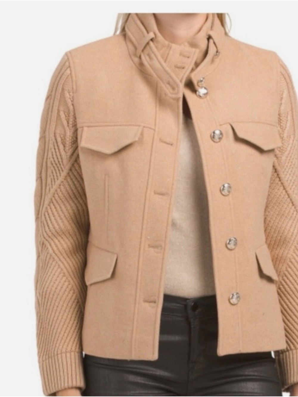 Elie Tahari Camel Knit-Sleeve Utility Jacket